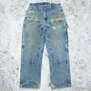 THRASHED Vintage KEY Faded Blue Jeans Denim Double Knee Carpenter Pant 30x29.5